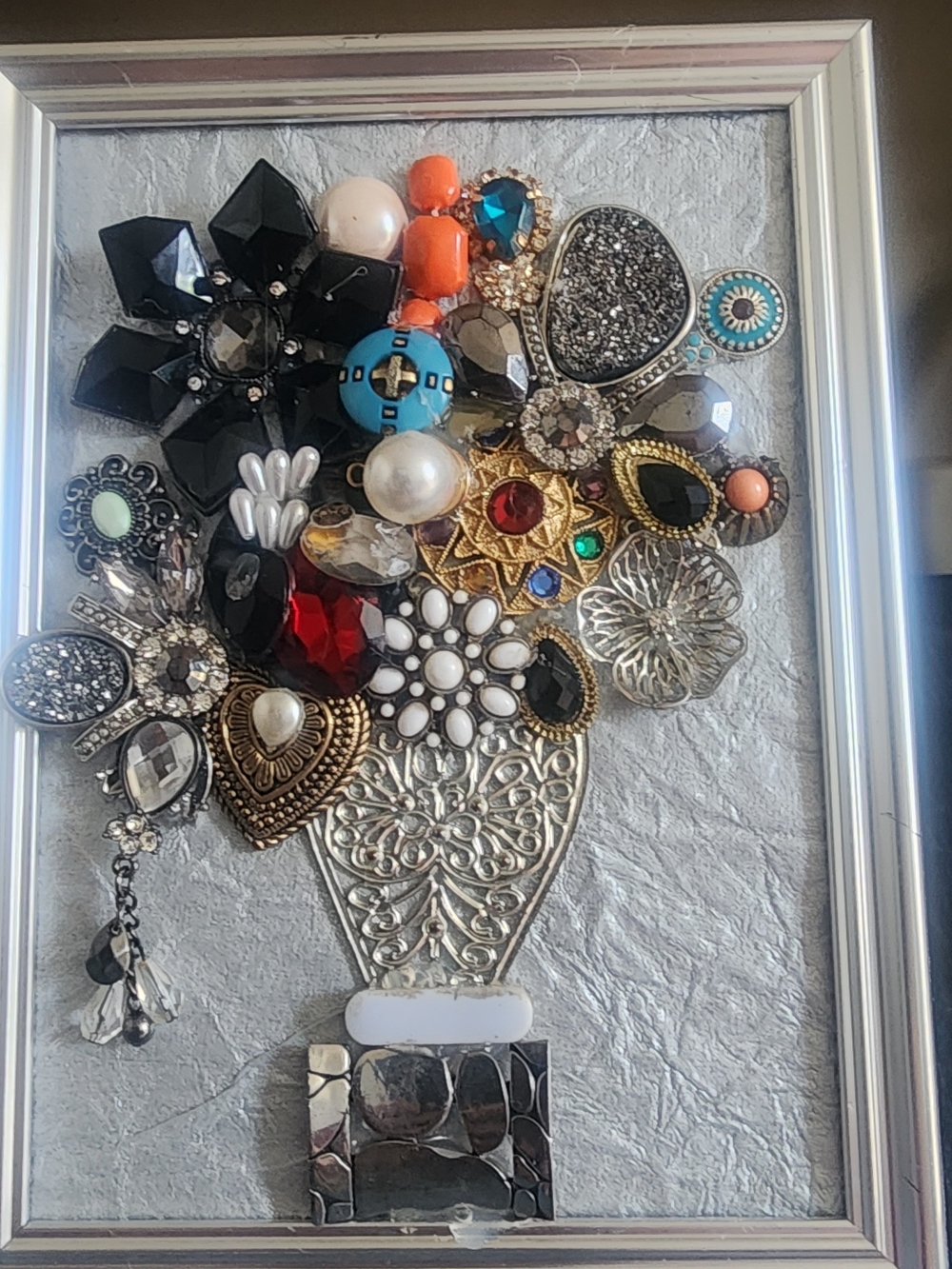 Framed Jewelry Art Jewel Bouquet Wall Art - Beaded Handmade Mixed Media Collage